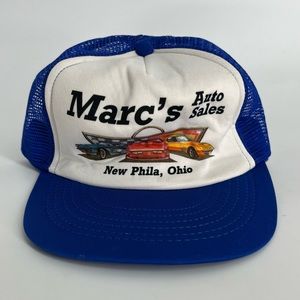 Vintage Car Hat Mens OS‎ Blue White Marc’s Auto Sale Trucker SnapBack Mesh Cap